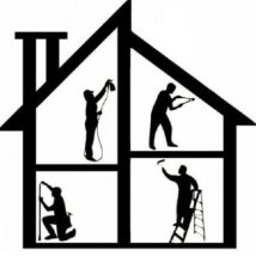 Misz masz - Sylwetki osób wykonujących prace remontowe wewnątrz konturu domu: malowanie natryskowe, wałkiem, pędzlem oraz szpachlowanie.