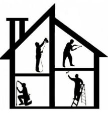 Sylwetki osób wykonujących prace remontowe wewnątrz konturu domu: malowanie natryskowe, wałkiem, pędzlem oraz szpachlowanie.