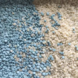 Dwa rodzaje granulatu: jasny kremowy i niebieski, zmieszane ze sobą, widoczne z bliska w plastikowym pojemniku.