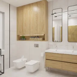 Nowoczesna łazienka z białymi płytkami, drewnianymi szafkami i podwójną umywalką. Dwa wysokie lustra w czarnych ramach z podświetleniem LED. Bidet i toaleta wiszące. Na półce nad toaletą...