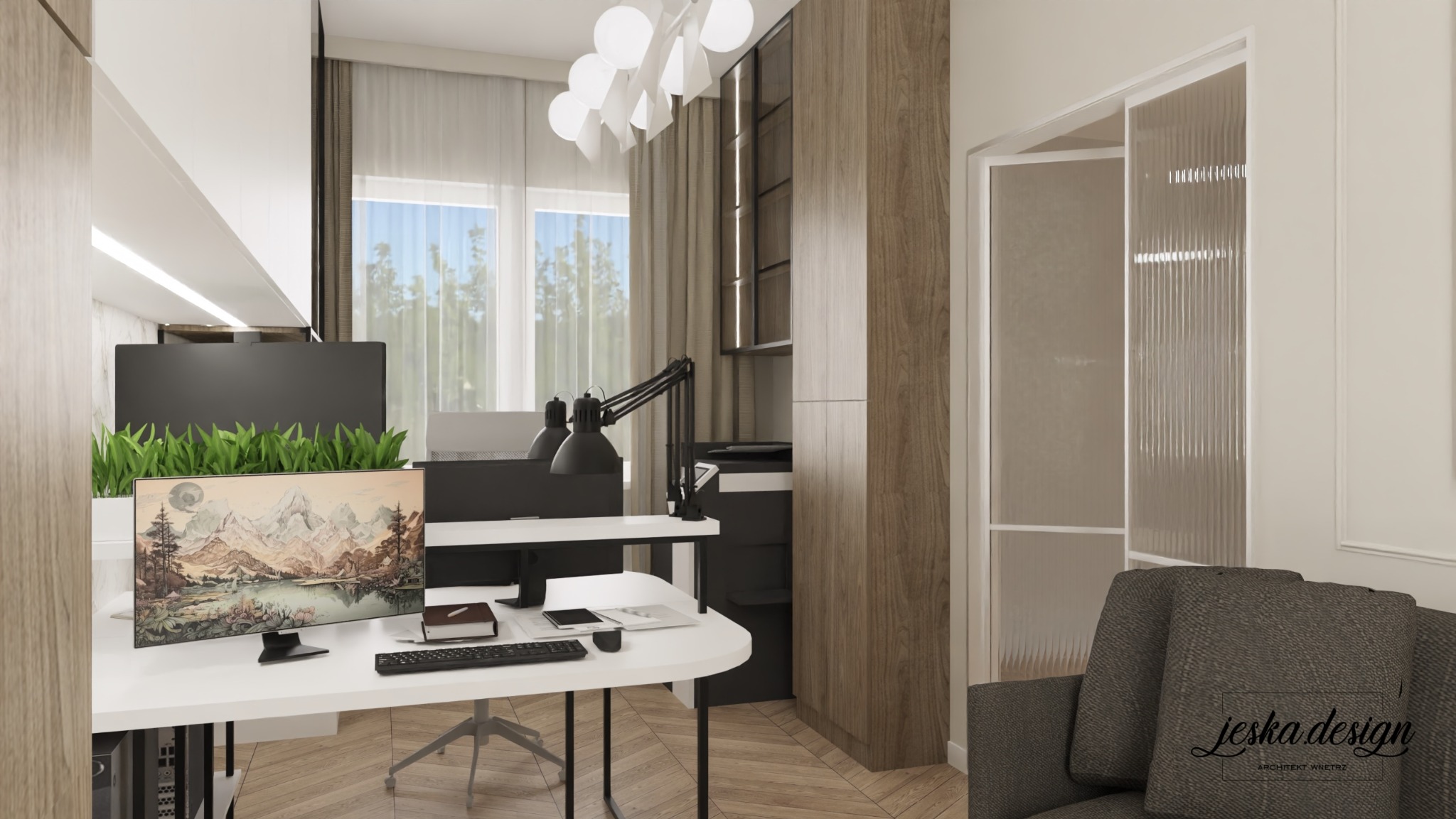 Nowoczesne biuro domowe z białymi biurkami, czarnymi lampami, monitorami z motywem górskim, roślinami w doniczkach, drewnianą zabudową i szklanymi drzwiami.