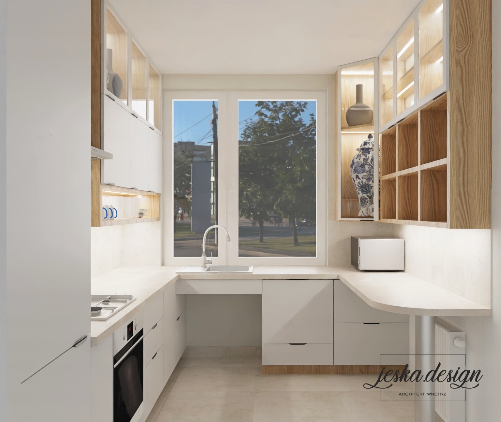 Kuchnia z możliwością podjazdu pod zlewozmywak osoby poruszającej się na wózku inwalidzkim.