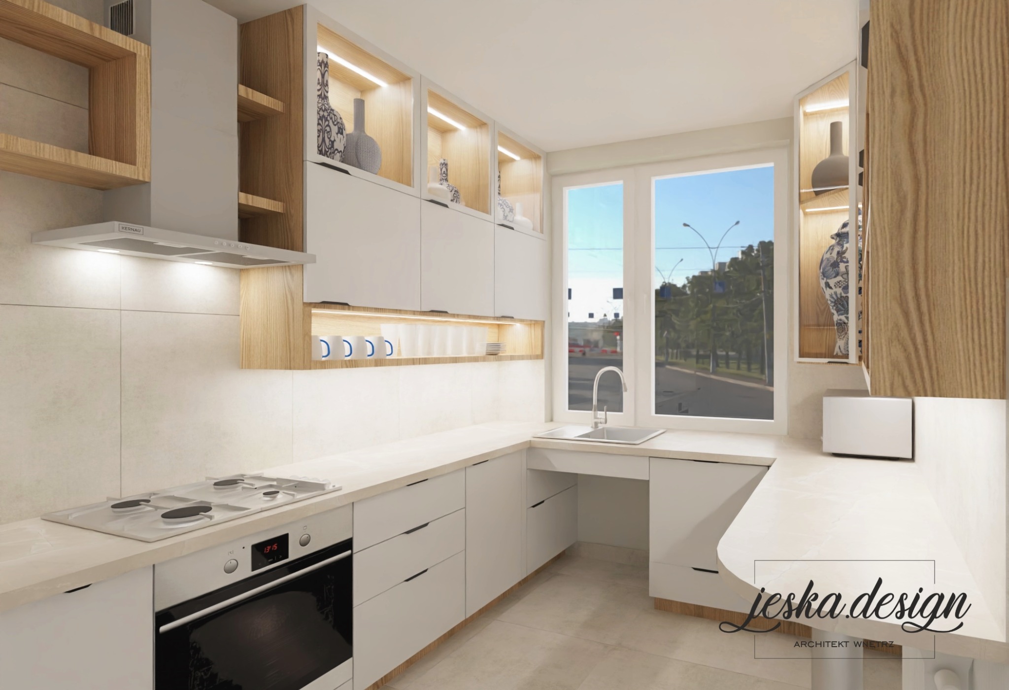 Wizualizacja nowoczesnej kuchni z białymi szafkami, drewnianymi akcentami i oświetleniem LED, z widokiem na ulicę przez okno, z logo projektanta w prawym dolnym rogu.