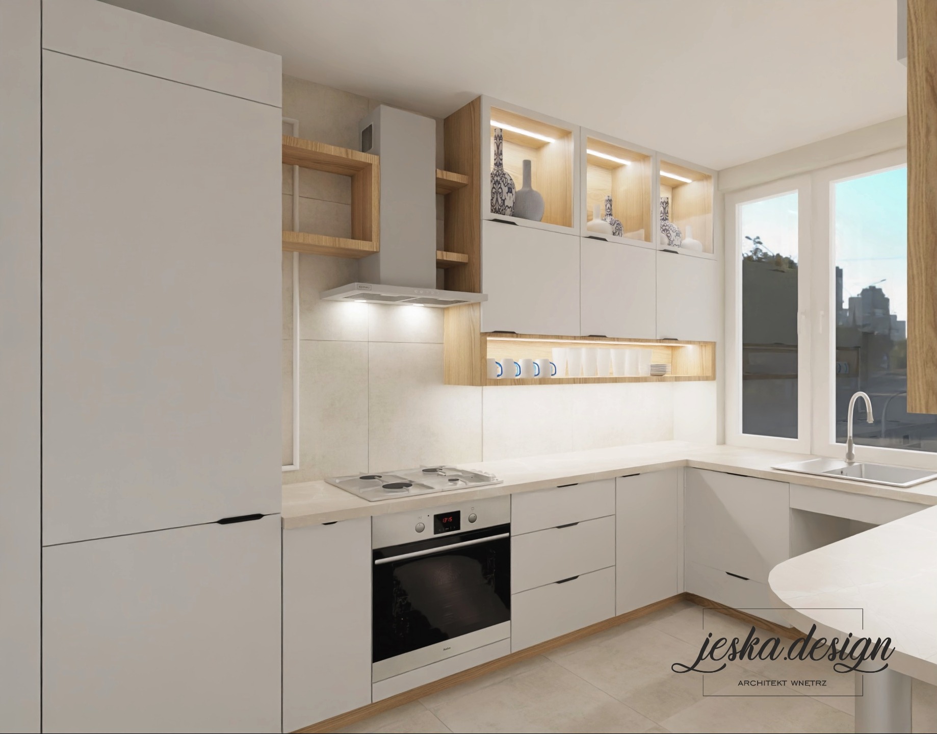 Jasna kuchnia z białymi szafkami, drewnianymi akcentami i oświetleniem LED w szafkach wiszących, widok na miasto przez okno. Na blacie płyta grzewcza i piekarnik Amica.
