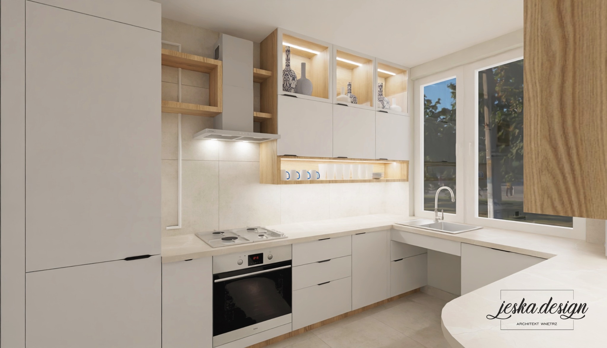 Wizualizacja kuchni w jasnych barwach z drewnianymi akcentami, oświetleniem LED podszafkowym i przeszklonymi szafkami z dekoracyjnymi wazonami.