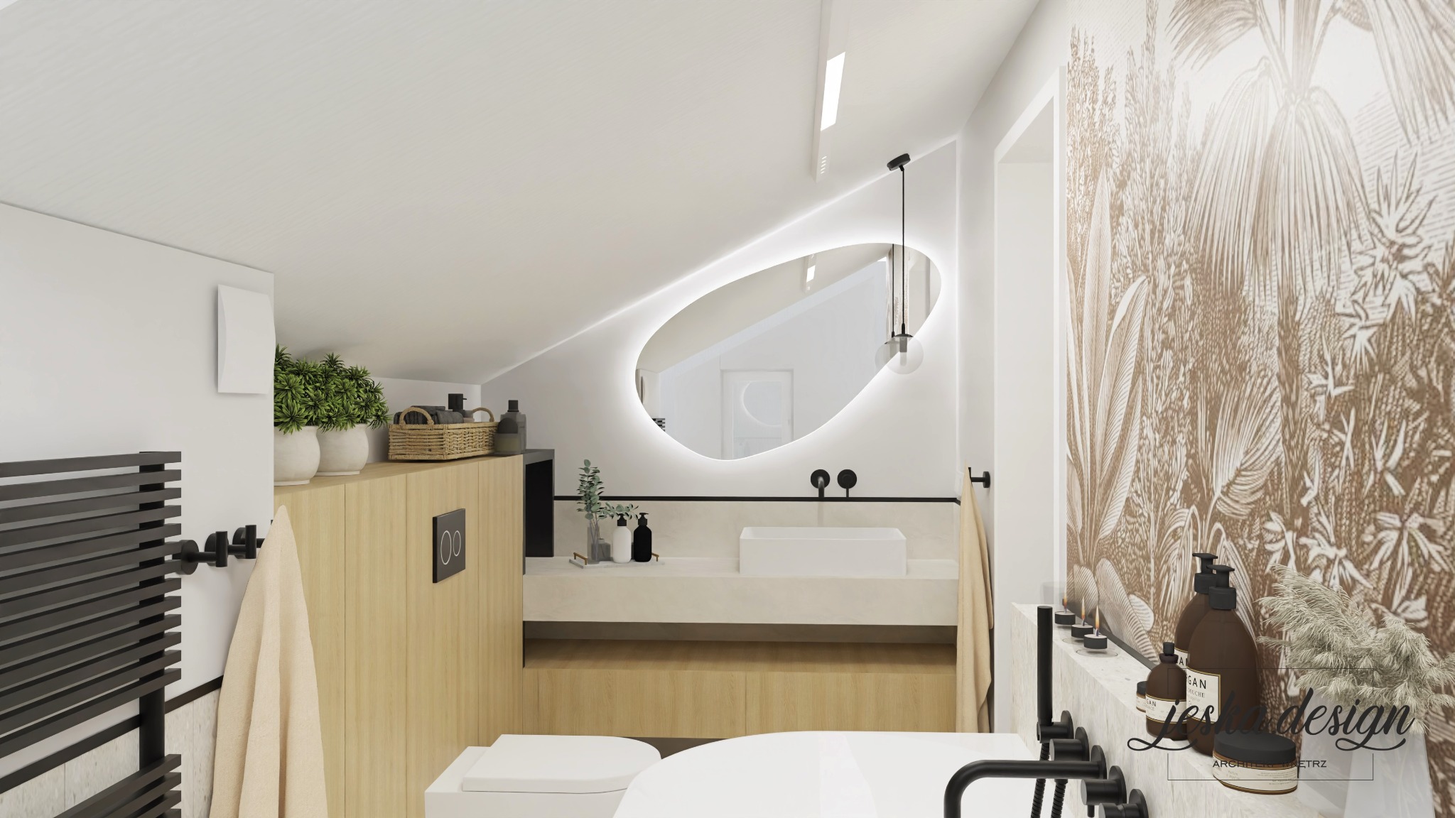 Wizualizacja łazienki na poddaszu w stylu nowoczesnym, z owalnym lustrem podświetlanym LED, umywalką nablatową i tapetą w motywy roślinne w odcieniach beżu i brązu.