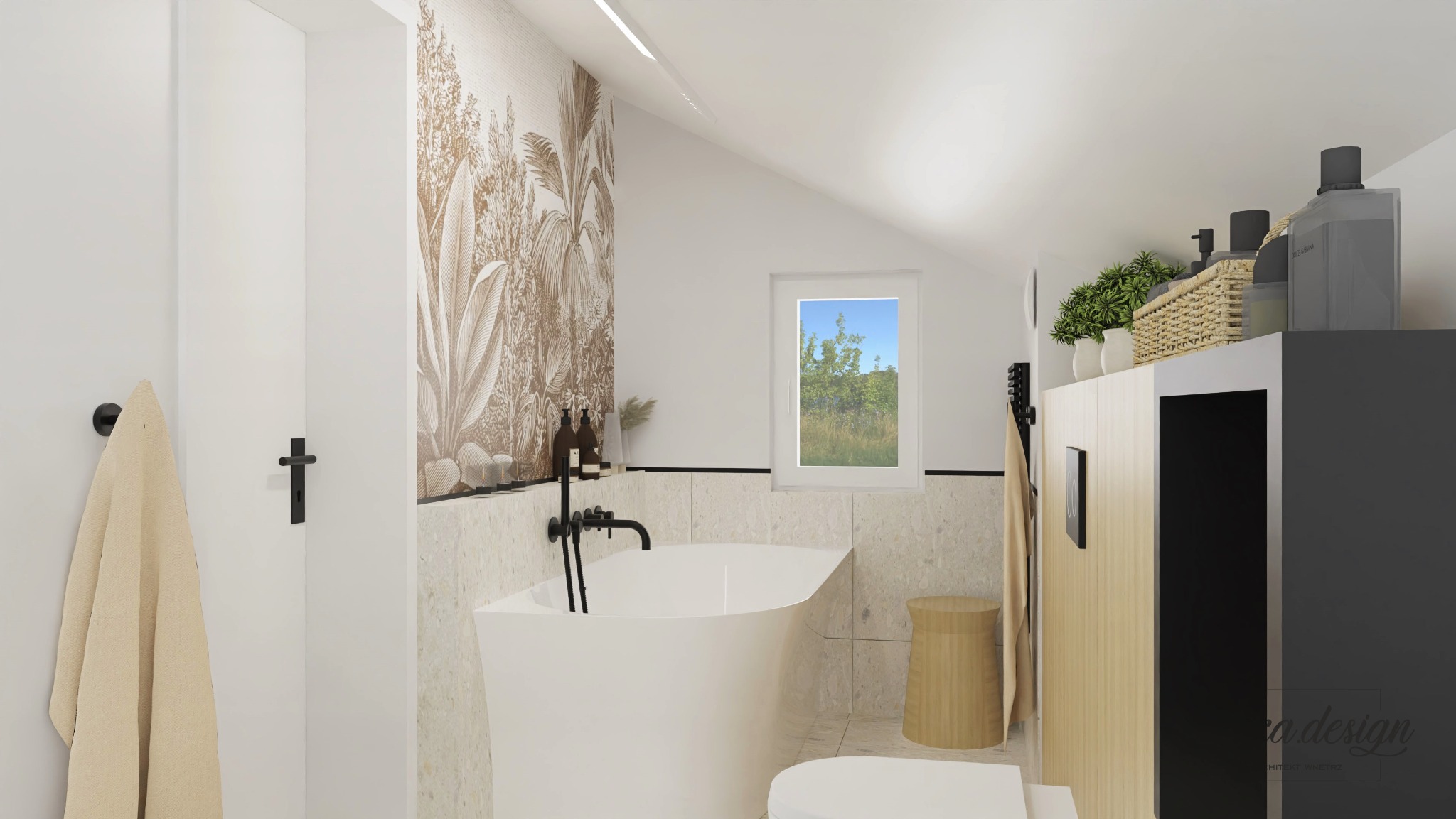 Wizualizacja łazienki na poddaszu z wolnostojącą białą wanną, czarną armaturą, beżowymi płytkami i tapetą w roślinne wzory, widok na zielone drzewa za oknem.
