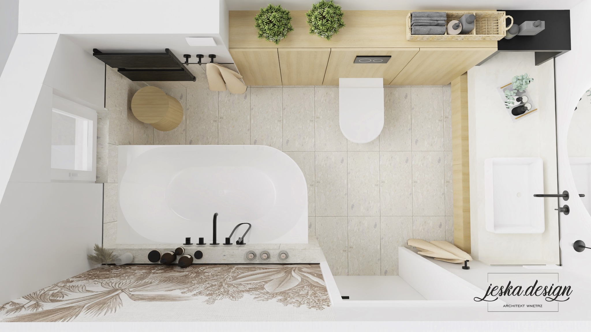 Wizualizacja łazienki z białymi sanitariatami, drewnianymi szafkami i beżowymi płytkami, widok z góry, akcent roślinny na podłodze z wzorem liści.