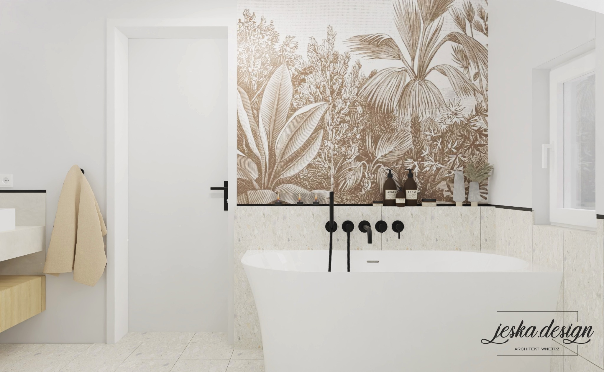 Nowoczesna łazienka z białą wanną wolnostojącą i tapetą w botaniczne wzory, czarna armatura, jasne płytki podłogowe i ścienne, minimalistyczne oświetlenie.