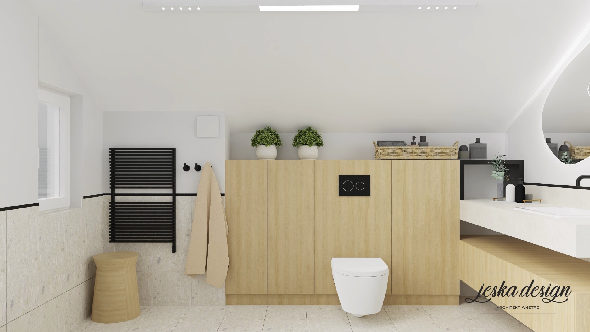 Jasna łazienka na poddaszu z drewnianymi szafkami, wiszącą toaletą i okrągłym lustrem z podświetleniem LED, uzupełniona o minimalistyczne dodatki i czarny grzejnik drabinkowy.