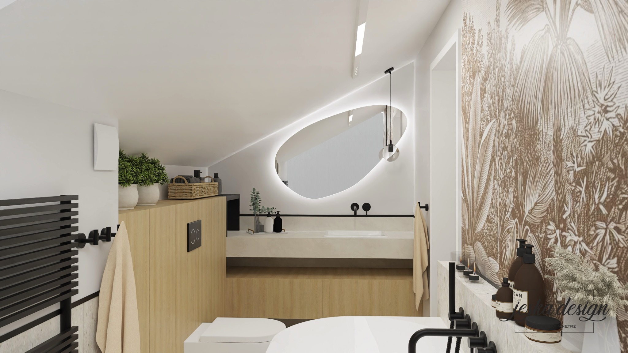 Nowoczesna łazienka na poddaszu z owalnym lustrem podświetlonym LED, tapetą w motywy roślinne i drewnianą zabudową.