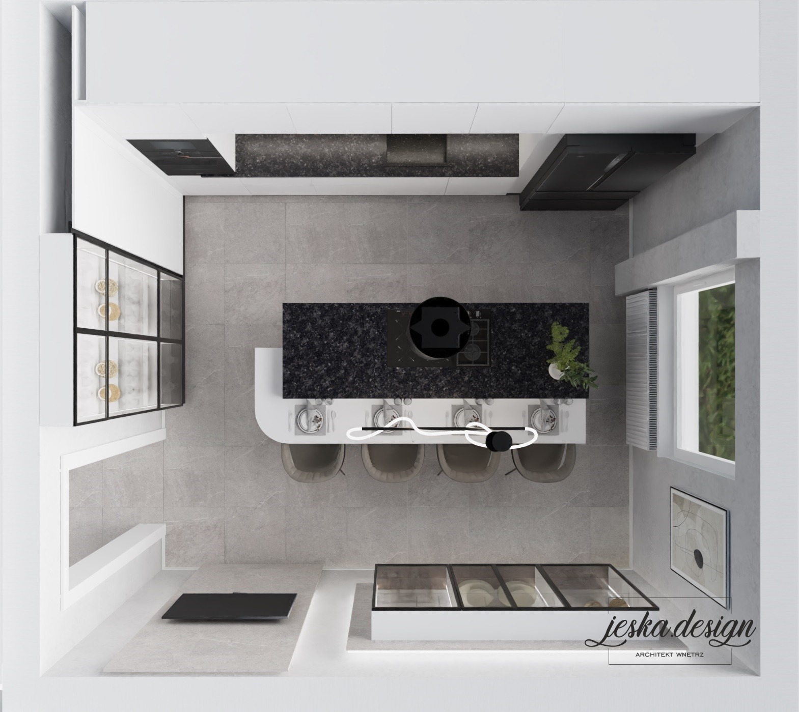 Widok z góry na minimalistyczną kuchnię z wyspą z czarnym blatem, czterema krzesłami, szarą podłogą, oświetleniem LED nad wyspą i zabudową kuchenną w bieli i czerni. Widoczne logo projektanta...