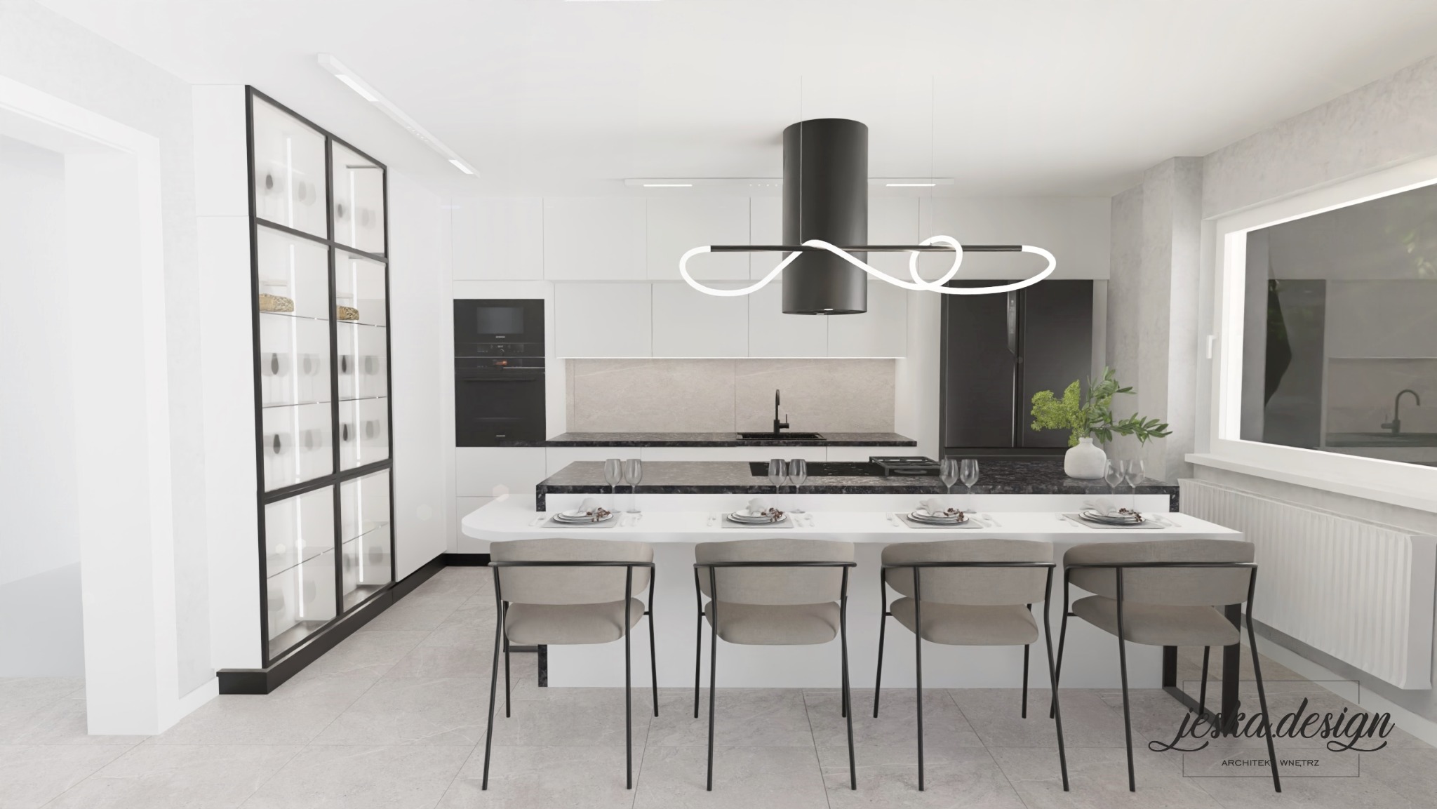 Nowoczesna kuchnia w bieli i czerni z wyspą, minimalistycznym oświetleniem i przeszkloną witryną, nakryty stół dla czterech osób.
