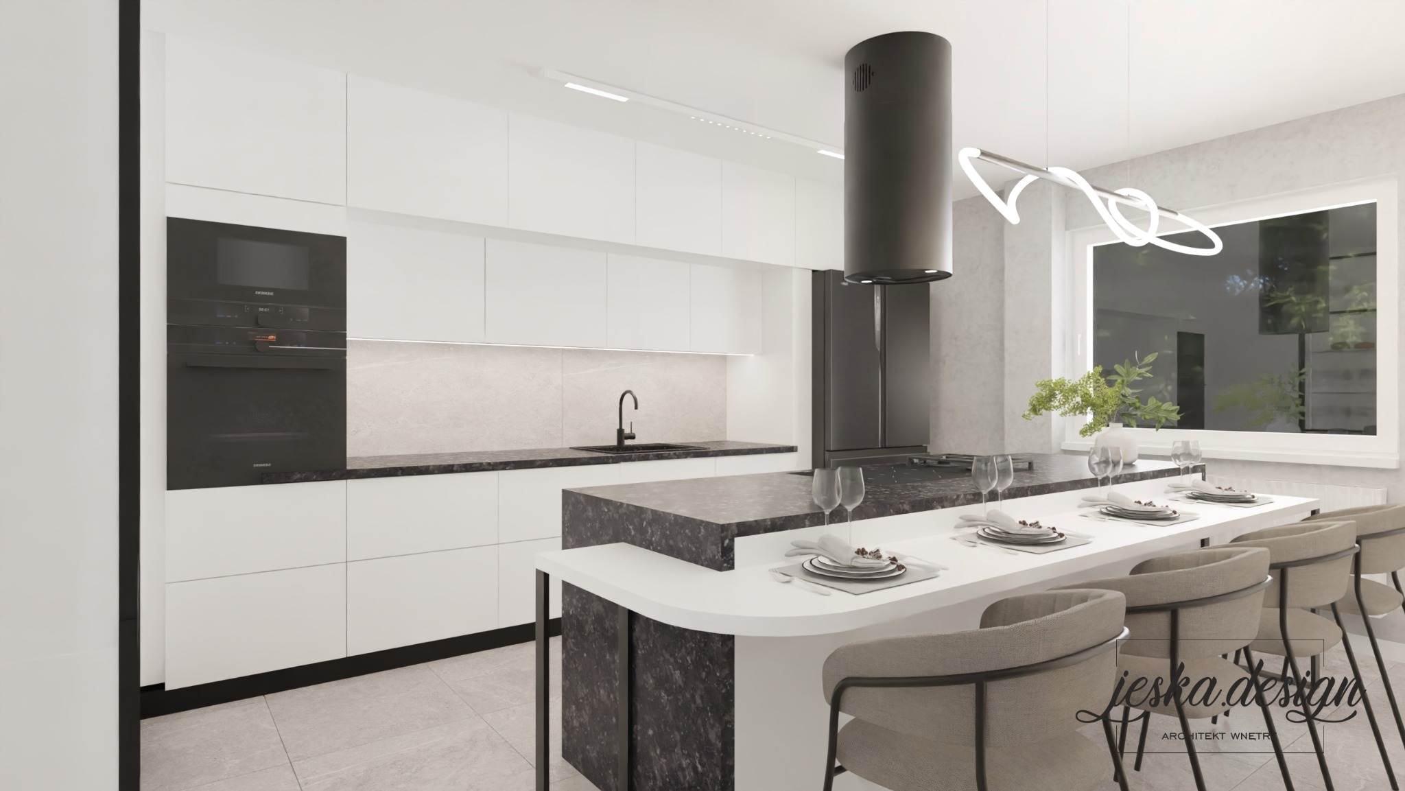 Wizualizacja nowoczesnej kuchni z wyspą, białe szafki, czarne blaty, okrągły okap, oświetlenie LED i krzesła barowe z tekstylnym obiciem. Na blacie nakryty stół z kieliszkami.