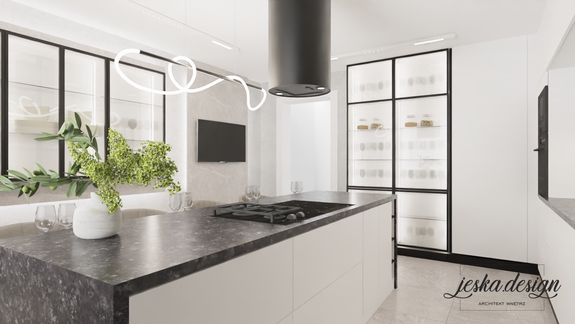 Wizualizacja nowoczesnej kuchni z wyspą, czarnym okapem cylindrycznym i przeszklonymi szafkami z podświetleniem, na blacie wazon z zielonymi gałązkami.