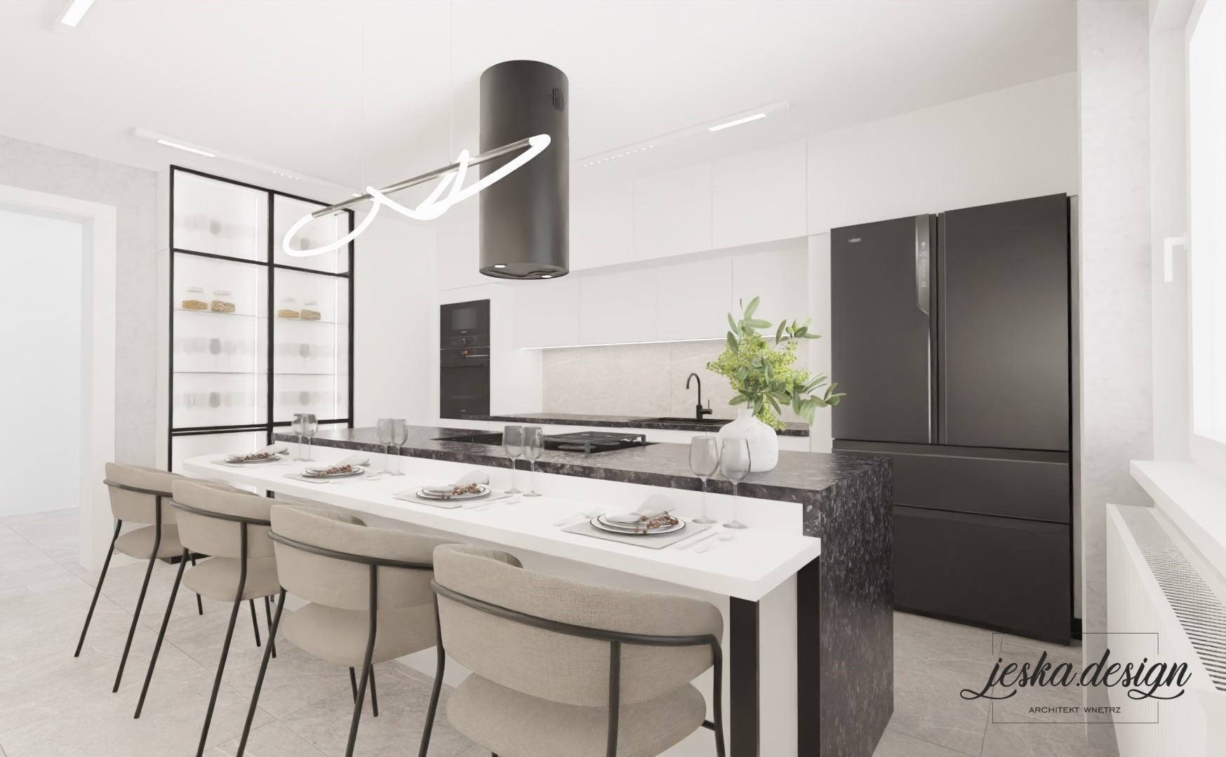 Nowoczesna, minimalistyczna kuchnia z wyspą, czarnymi akcentami i dekoracyjnym oświetleniem nad blatem, nakryty stół z krzesłami barowymi.