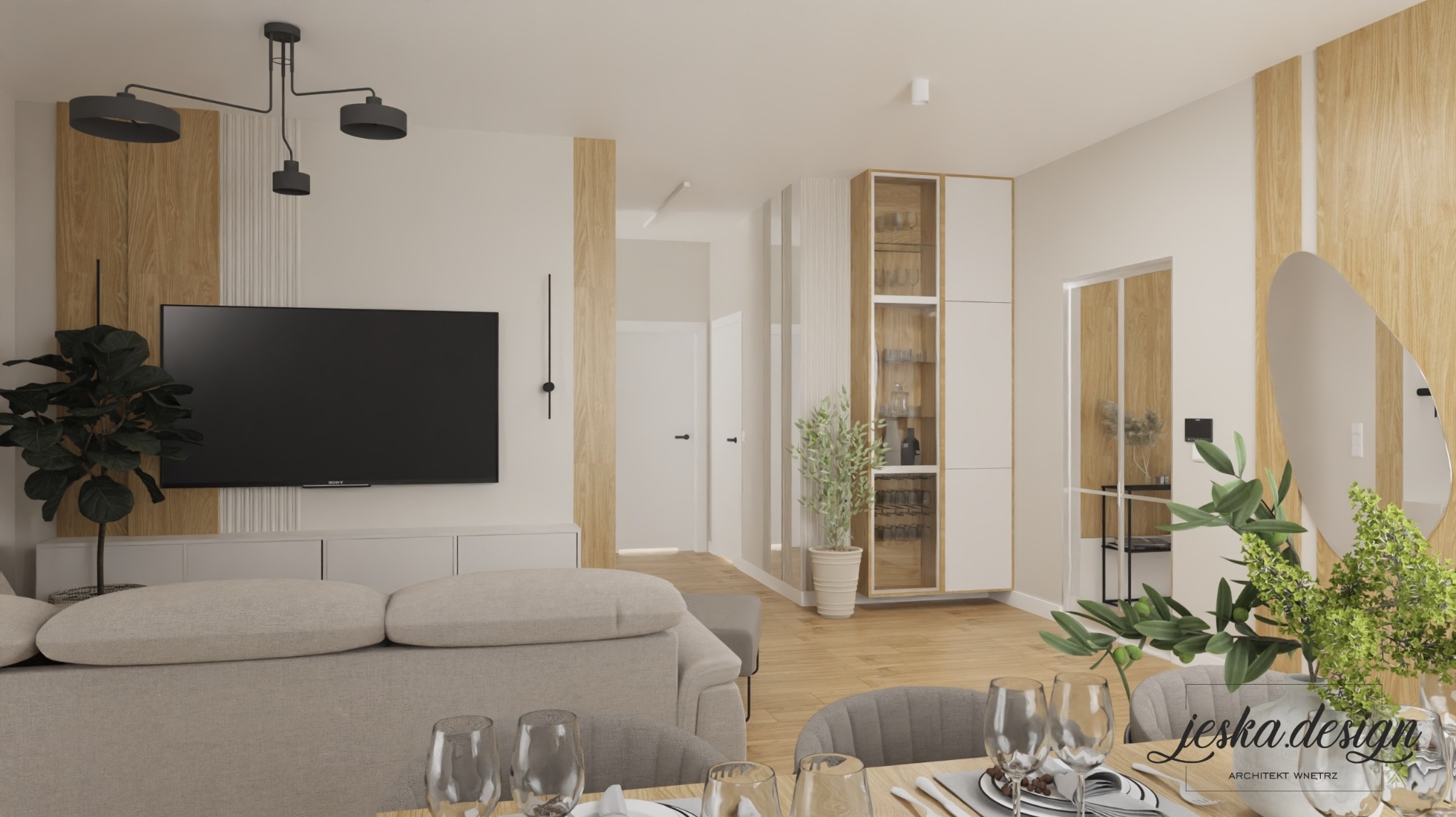 Wizualizacja salonu z jadalnią: beżowa sofa modułowa, telewizor na tle drewnianych paneli, przeszklona witryna z oświetleniem, stół z nakryciem i dekoracjami roślinnymi, nowoczesne oświetlenie...