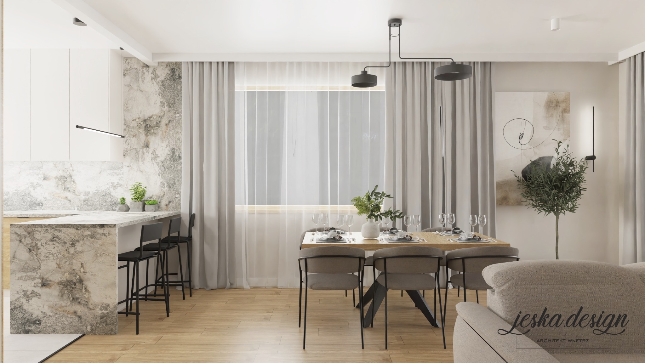 Jadalnia w nowoczesnym stylu z marmurową wyspą kuchenną, drewnianym stołem nakrytym dla sześciu osób i minimalistycznym oświetleniem. Na ścianie abstrakcyjny obraz i drzewko w doniczce.