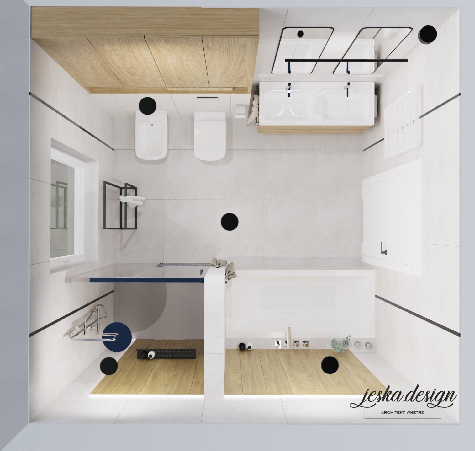 Wizualizacja łazienki z góry: jasne płytki, drewniane akcenty na suficie i podłodze, biała armatura, czarne detale, minimalistyczny styl, oświetlenie LED pod szafkami, logo projektanta w prawym...