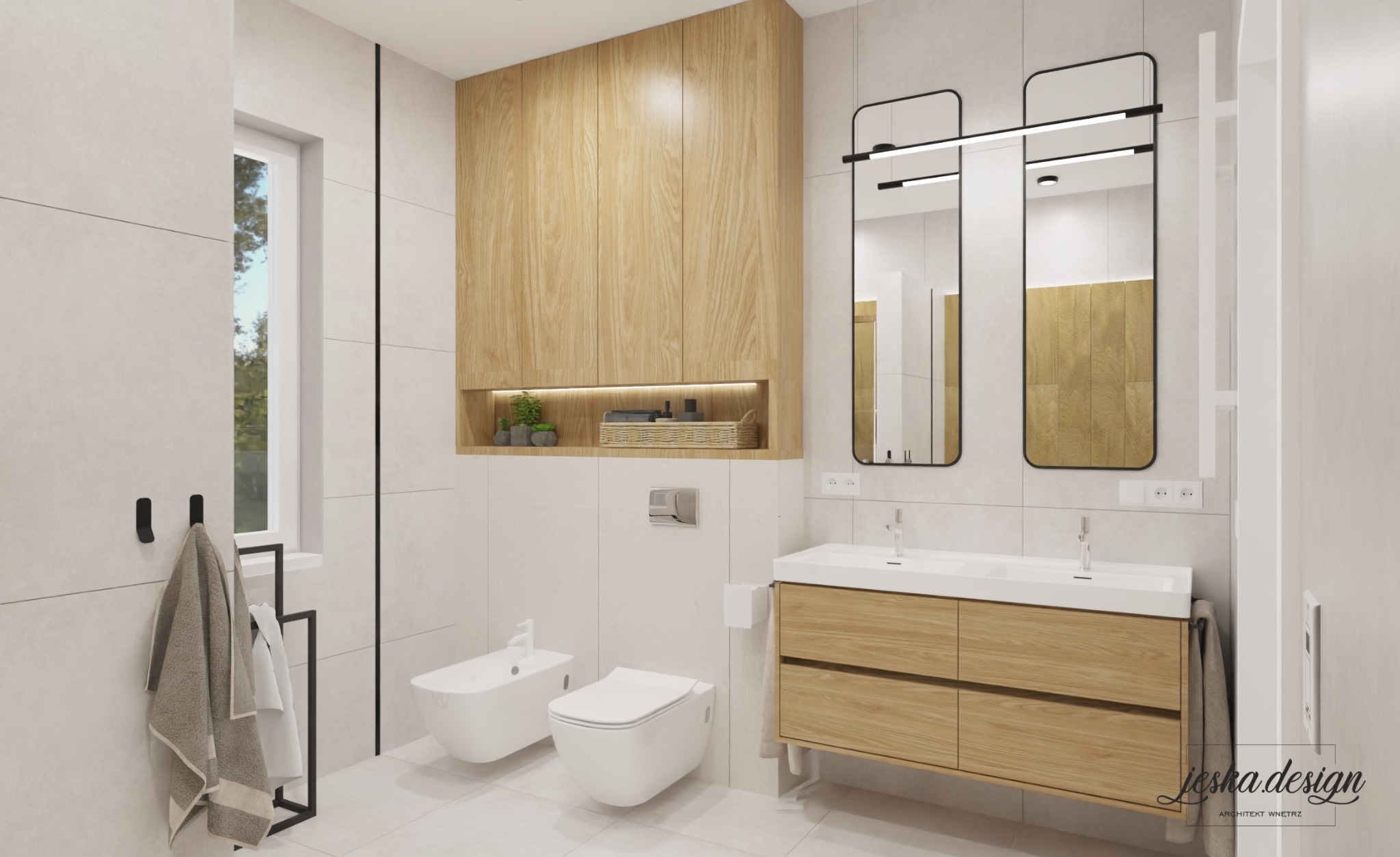 Nowoczesna łazienka z białymi płytkami, drewnianymi szafkami i podwójną umywalką. Dwa wysokie lustra w czarnych ramach z podświetleniem LED. Bidet i toaleta wiszące. Na półce nad toaletą...