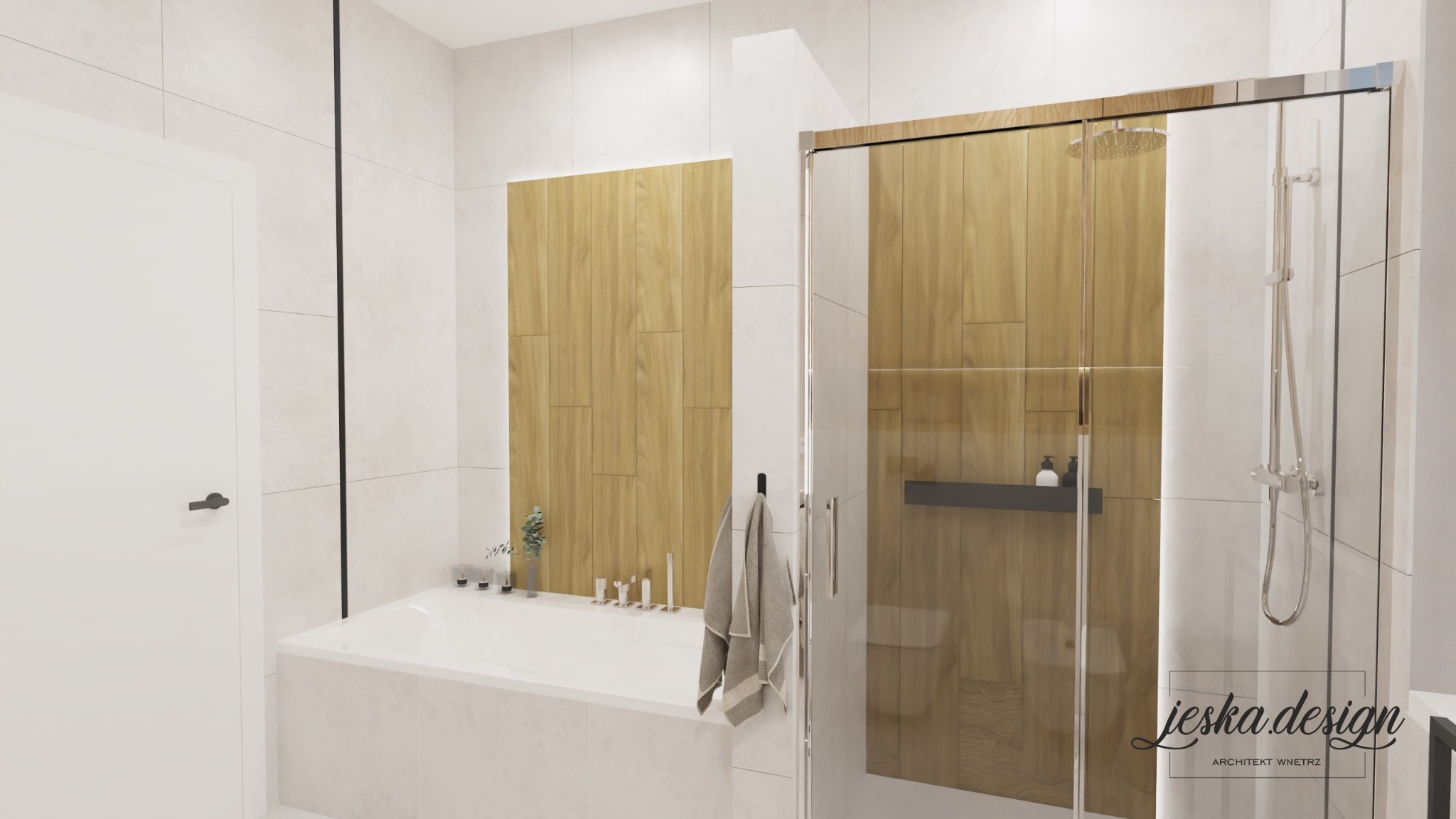 Nowoczesna łazienka z drewnianymi akcentami, kabiną prysznicową typu walk-in i wanną z minimalistyczną armaturą, oświetlona ciepłym światłem.