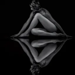 Czarno-białe zdjęcie kobiety siedzącej na podłodze z odbiciem, z tatuażem kwiatowym na ramieniu, w minimalistycznym studiu.