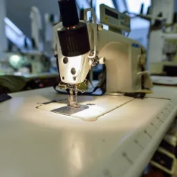 Profesjonalna maszyna do szycia JUKI, oświetlona lampą, gotowa do pracy na stole z podziałką centymetrową, w tle inne maszyny i materiały.