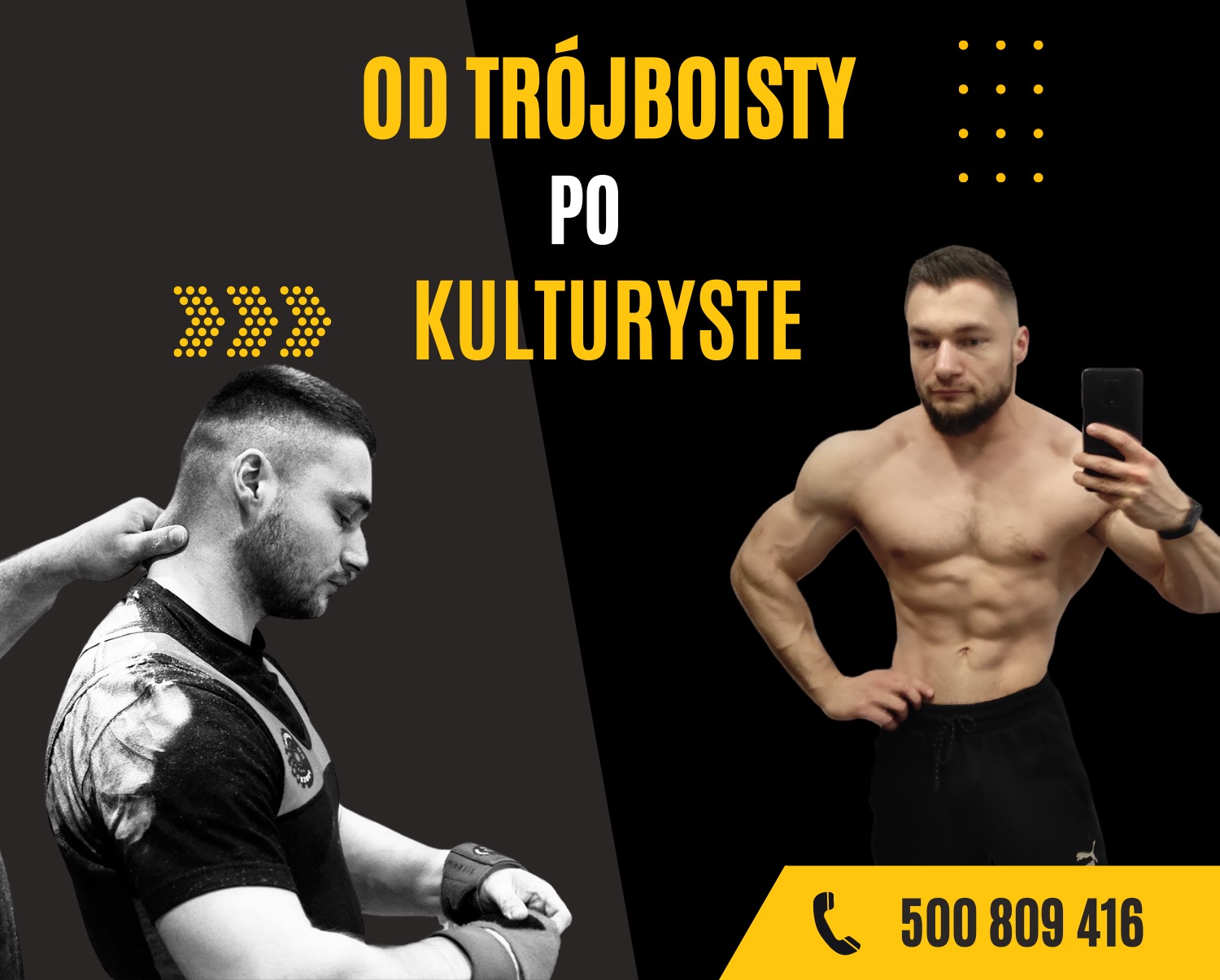 Grafika przedstawia dwóch mężczyzn, jeden z nich w trakcie masażu szyi, drugi z wyraźnie zarysowaną muskulaturą robiący sobie zdjęcie telefonem, całość utrzymana w czarno-żółtej kolorystyce...