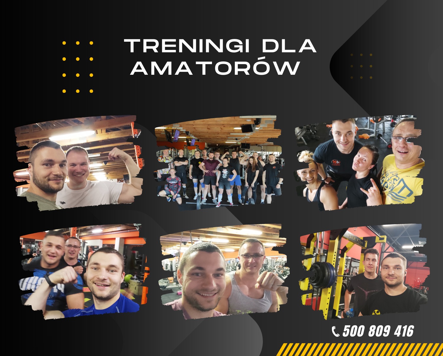 Mozaika zdjęć z treningów w siłowni, ukazująca uśmiechniętych uczestników i trenera, z napisem 'TRENINGI DLA AMATORÓW' i numerem telefonu.