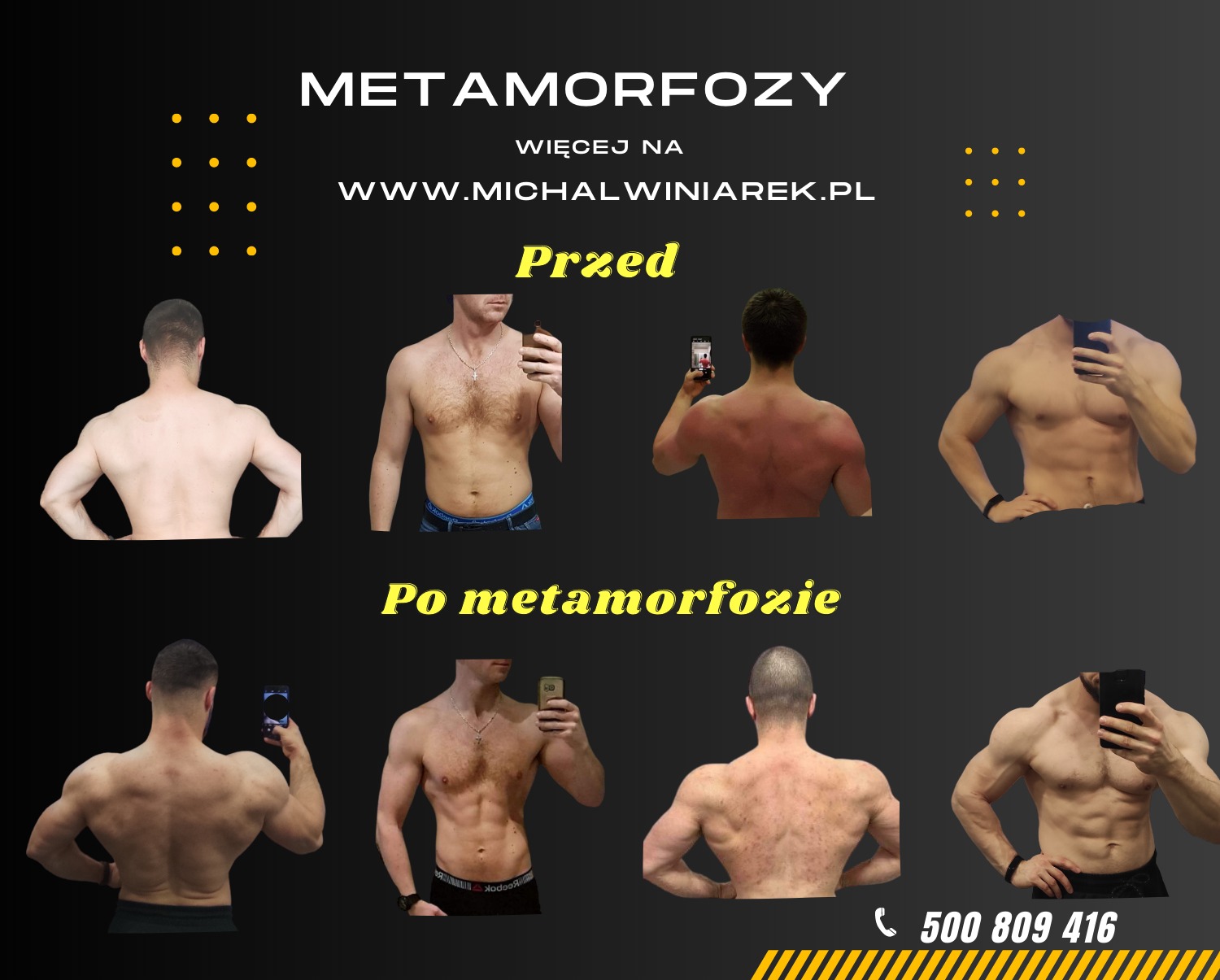 Kolaż przedstawiający metamorfozę sylwetki mężczyzny, ukazujący efekty treningu i diety. Na górze zdjęcia widoczne sylwetki 'przed', na dole 'po', z uwydatnionymi zmianami w muskulaturze pleców...