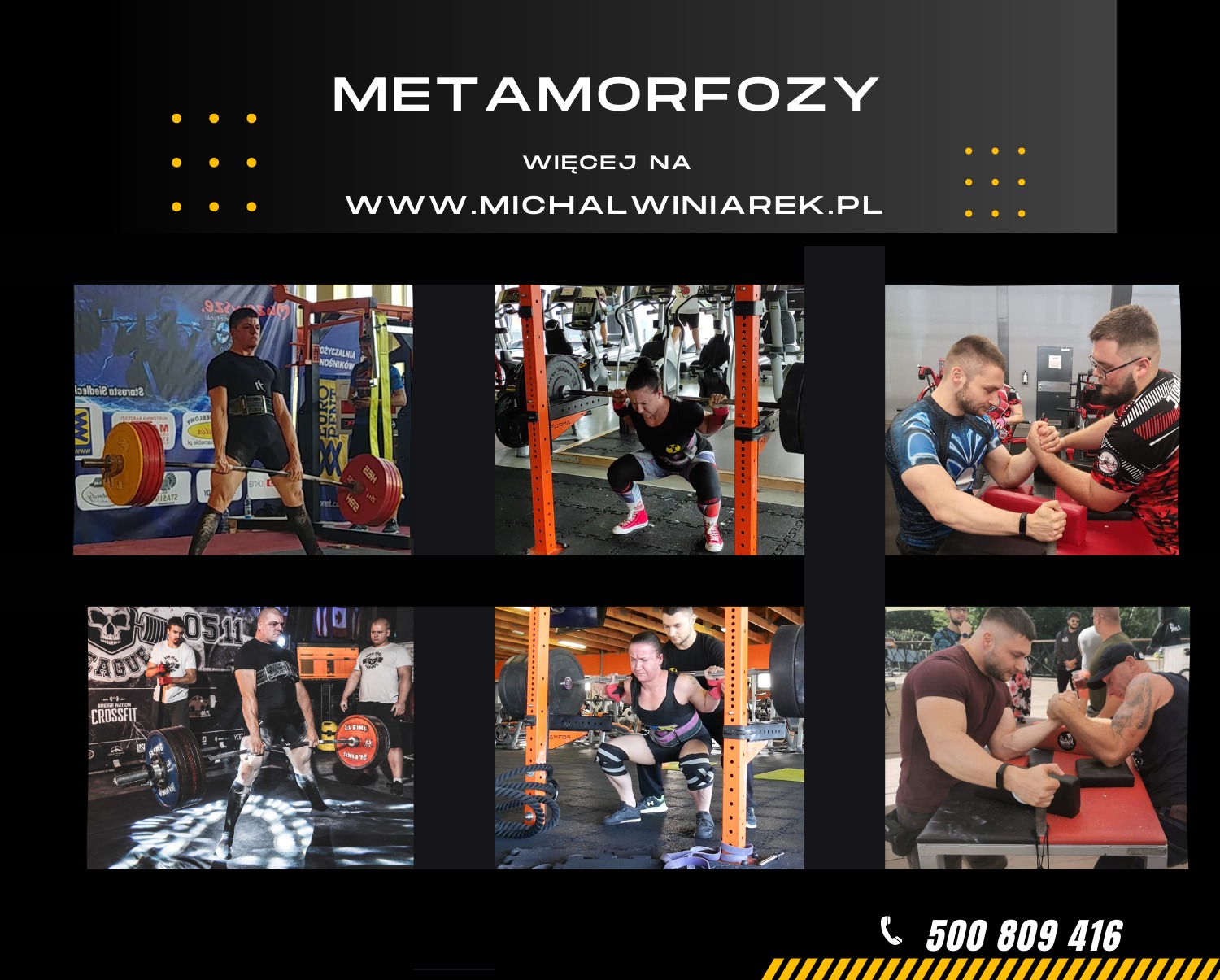 Kolaż zdjęć przedstawiających osoby ćwiczące podnoszenie ciężarów i siłowanie na rękę w różnych sceneriach treningowych, z nagłówkiem 'Metamorfozy' i adresem strony internetowej.