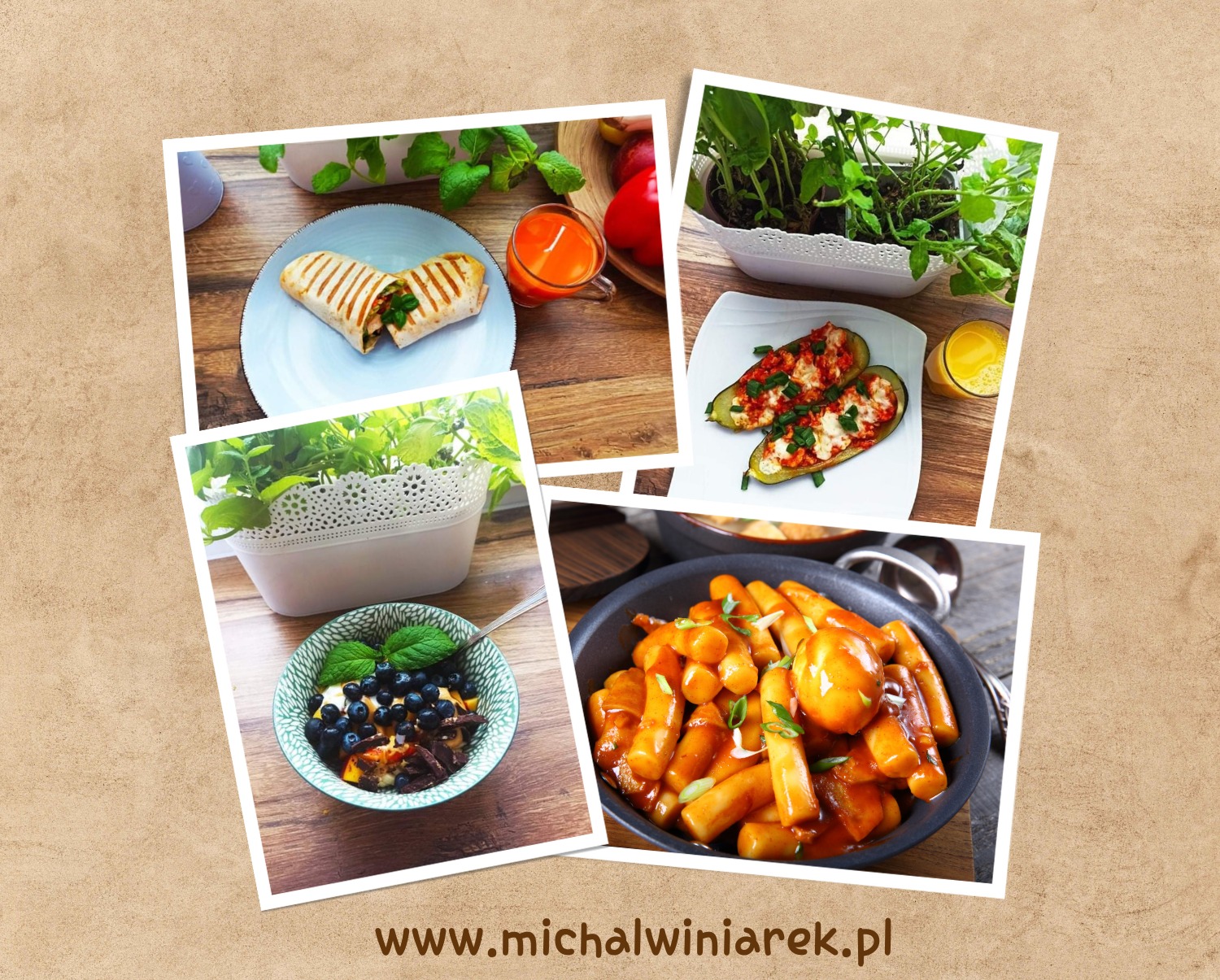 Kompozycja czterech kadrów przedstawiających różnorodne dania: wrap na niebieskim talerzu, zapiekane cukinie, miseczka z owocami i czekoladą oraz tteokbokki w czarnym naczyniu, umieszczone...