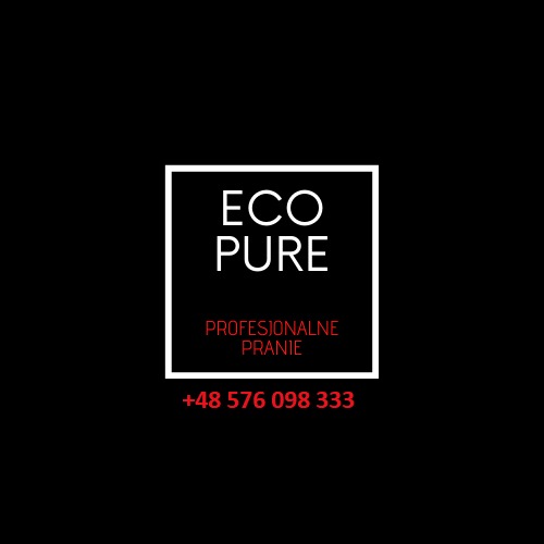 Logo firmy Eco Pure z hasłem 'Profesjonalne pranie' i numerem telefonu na czarnym tle.