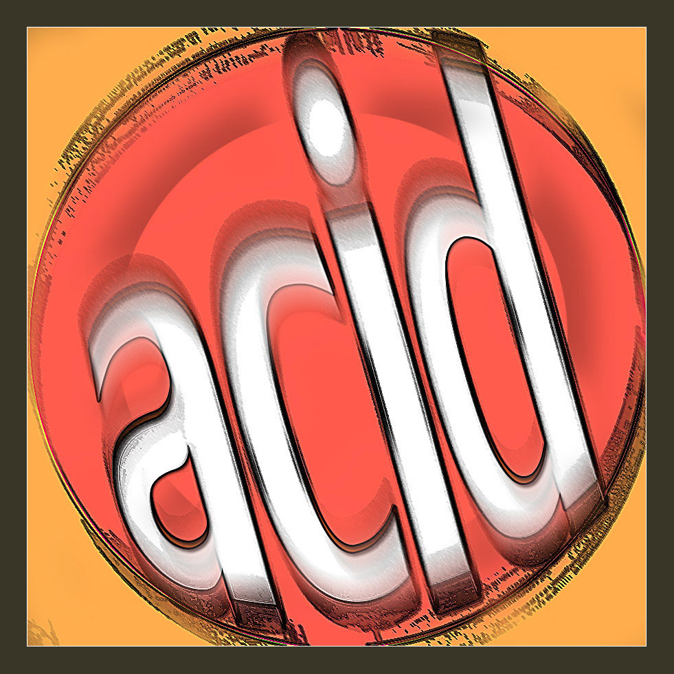 Stylizowany, trójwymiarowy napis 'acid' w kolorze białym z metalicznym połyskiem, umieszczony na czerwonym okręgu z efektem głębi, otoczonym żółtym tłem i ciemnobrązową ramką.