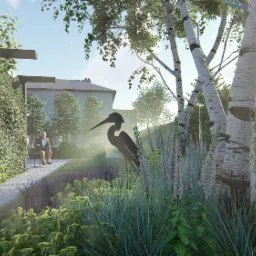 Wizualizacja ogrodu z ścieżką z drobnego żwiru, rabatami kwiatowymi, brzozami, metalową rzeźbą czapli i siedzącym mężczyzną w oddali, oświetlona przez promienie słoneczne.