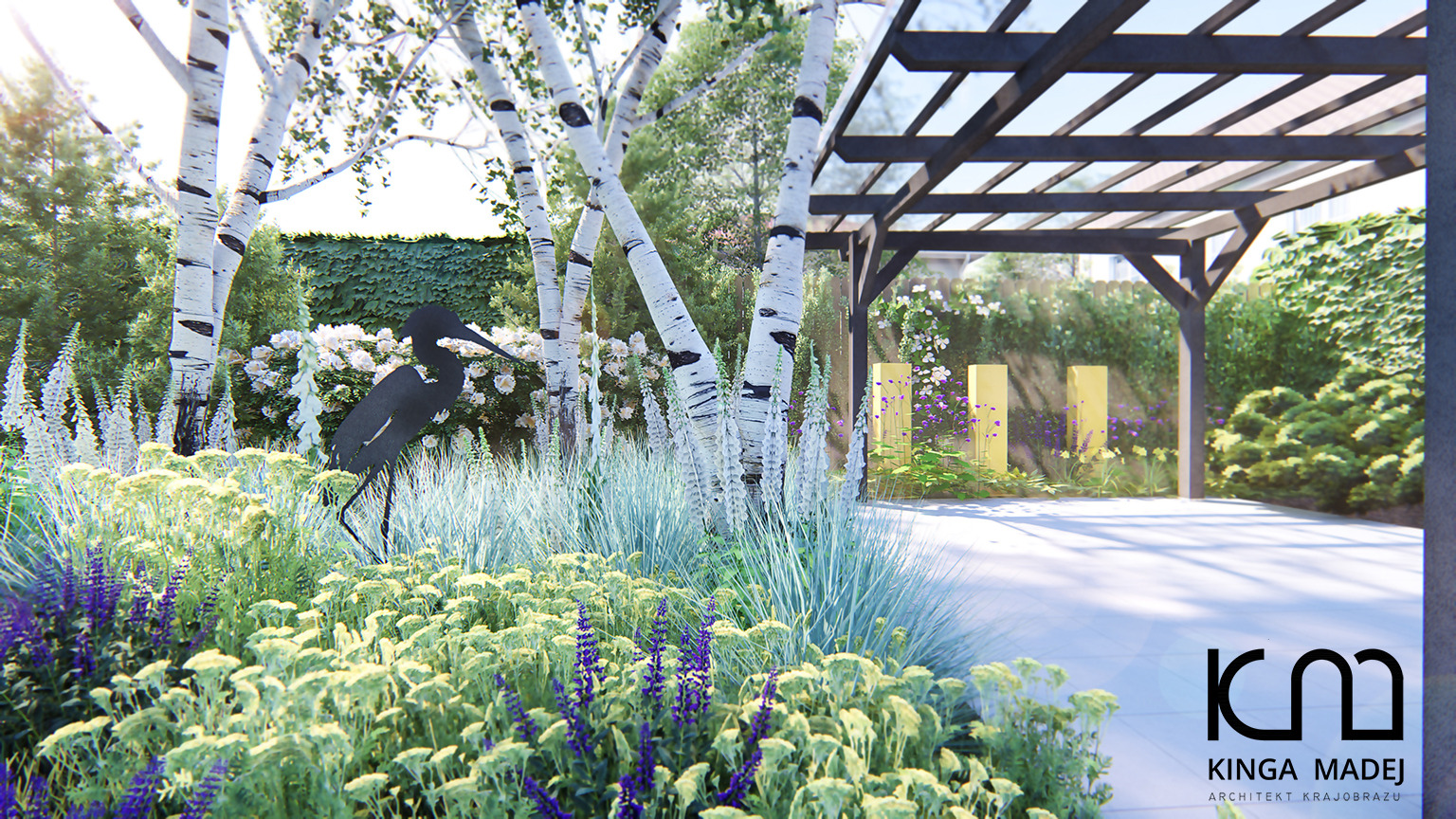 Wizualizacja ogrodu z czarną sylwetką czapli wśród kwitnących roślin, brzozy i zadaszonej pergoli, z logo architekta krajobrazu w prawym dolnym rogu.