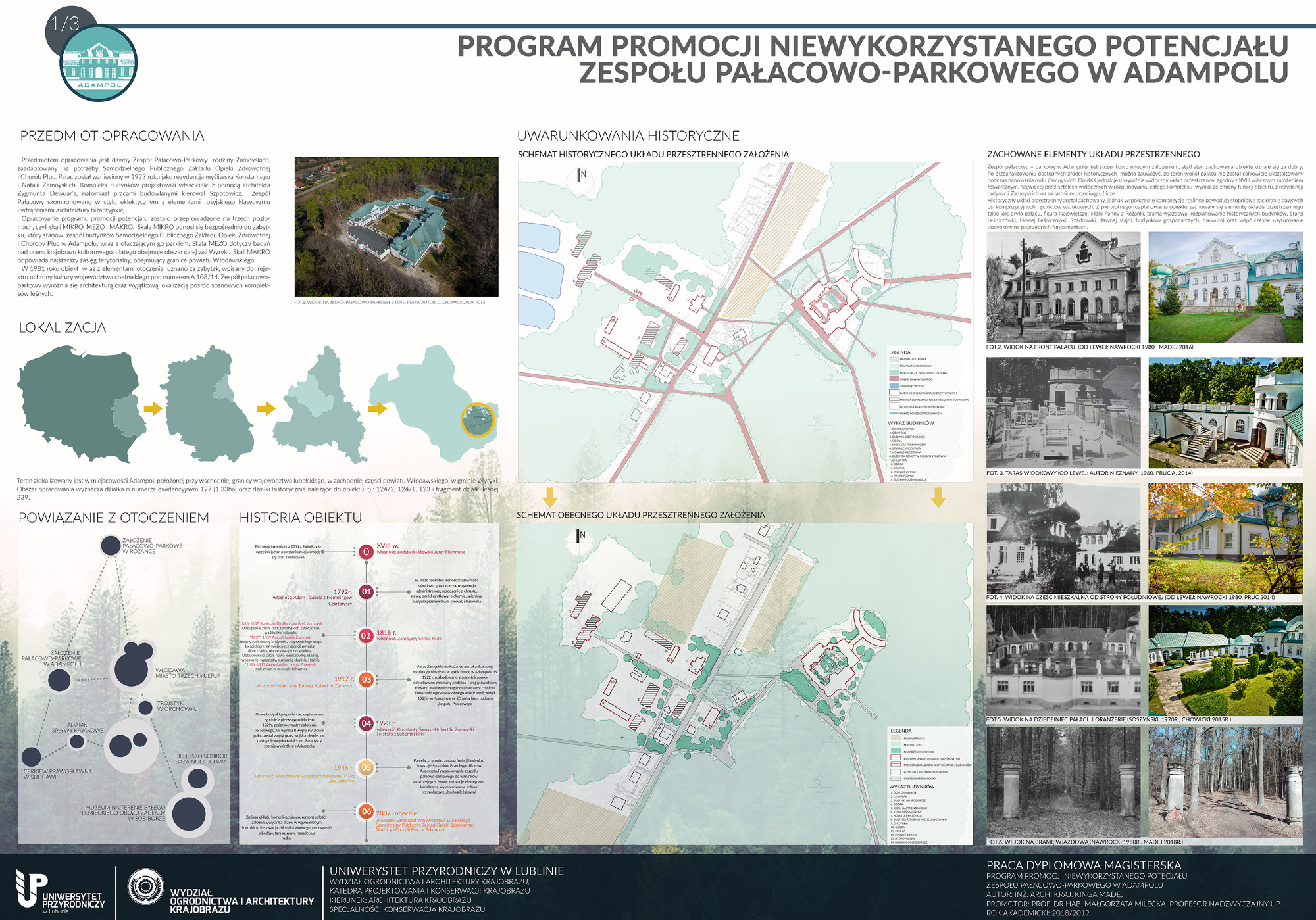 Plansza informacyjna dotycząca programu promocji zespołu pałacowo-parkowego w Adampolu, zawierająca schematy, zdjęcia i opisy historyczne oraz współczesne założenia przestrzennego.