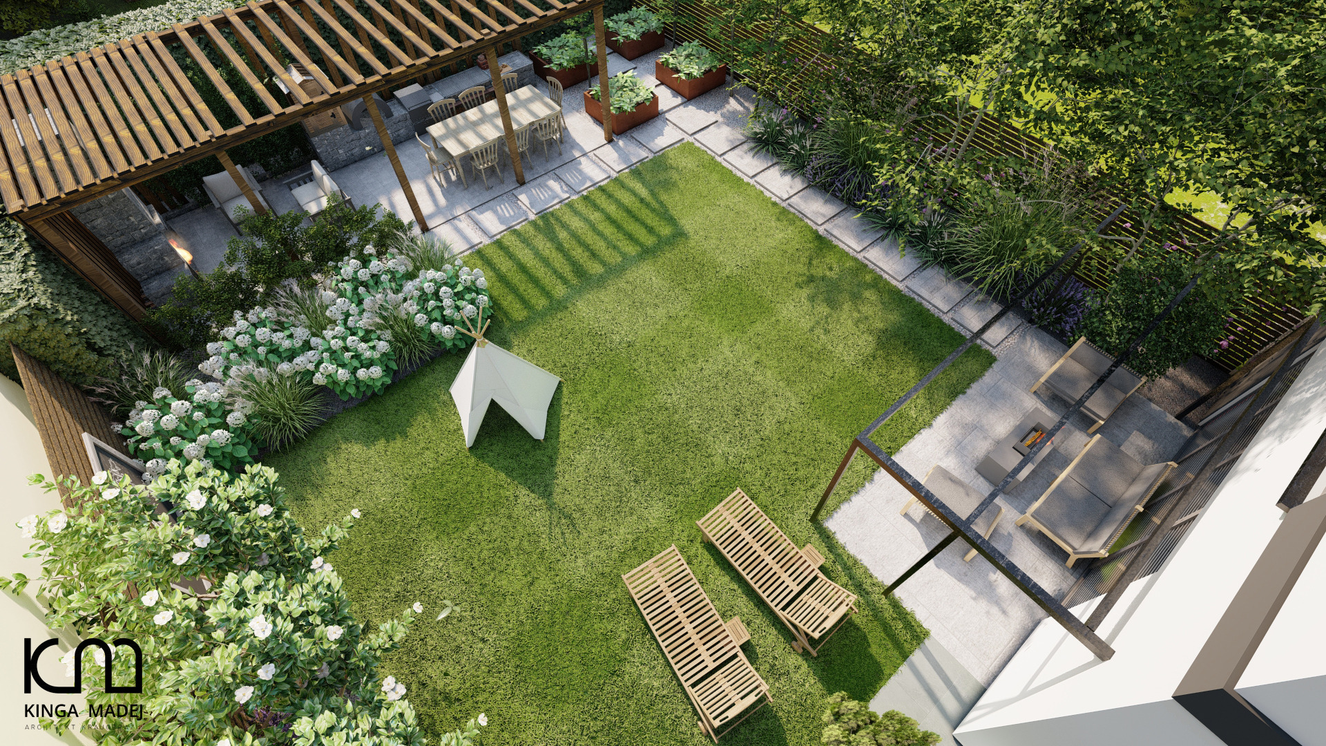Wizualizacja ogrodu z perspektywy lotu ptaka: drewniana pergola nad jadalnią, palenisko pod metalową konstrukcją, trawnik z tipi i leżakami, rabaty z białymi kwiatami, ścieżki z płyt betonowych.
