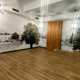 Puste pomieszczenie z panelami podłogowymi, ściany ozdobione fototapetą z motywem drzew i drewnianą ścianką działową, kartony z panelami leżące przy ścianie, geometryczne lampy sufitowe.