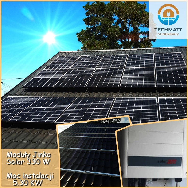 Panele fotowoltaiczne Jinko Solar 330W na czarnym dachu pokrytym dachówką, z widocznym inwerterem SolarEdge i logiem Techmatt Sunenergy w prawym górnym rogu, przy słonecznej pogodzie.