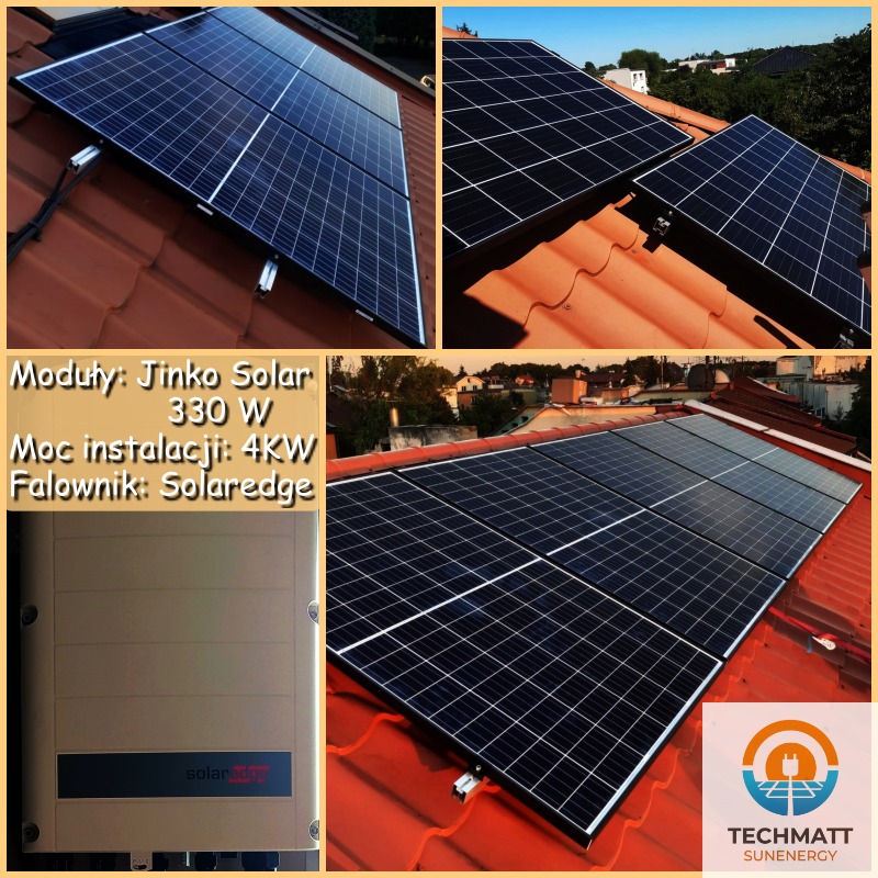 Panele słoneczne Jinko Solar 330W zamontowane na czerwonej dachówce, widoczny falownik Solaredge i logo firmy Techmatt Sunenergy.
