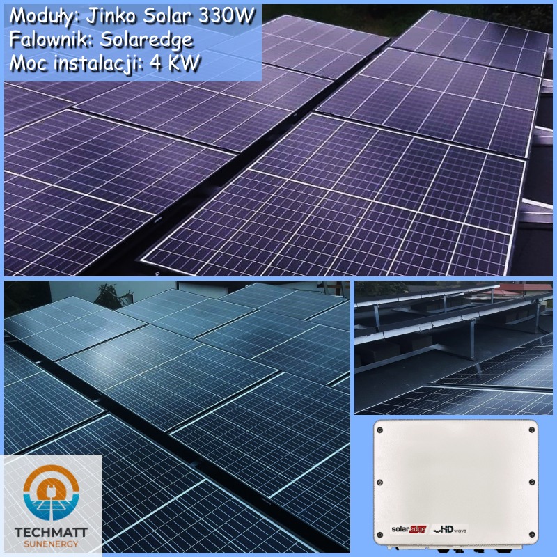 Zestawienie zdjęć: panele fotowoltaiczne Jinko Solar 330W na dachu, konstrukcja wsporcza i falownik SolarEdge HD Wave, uzupełnione logotypem firmy Techmatt Sunenergy.
