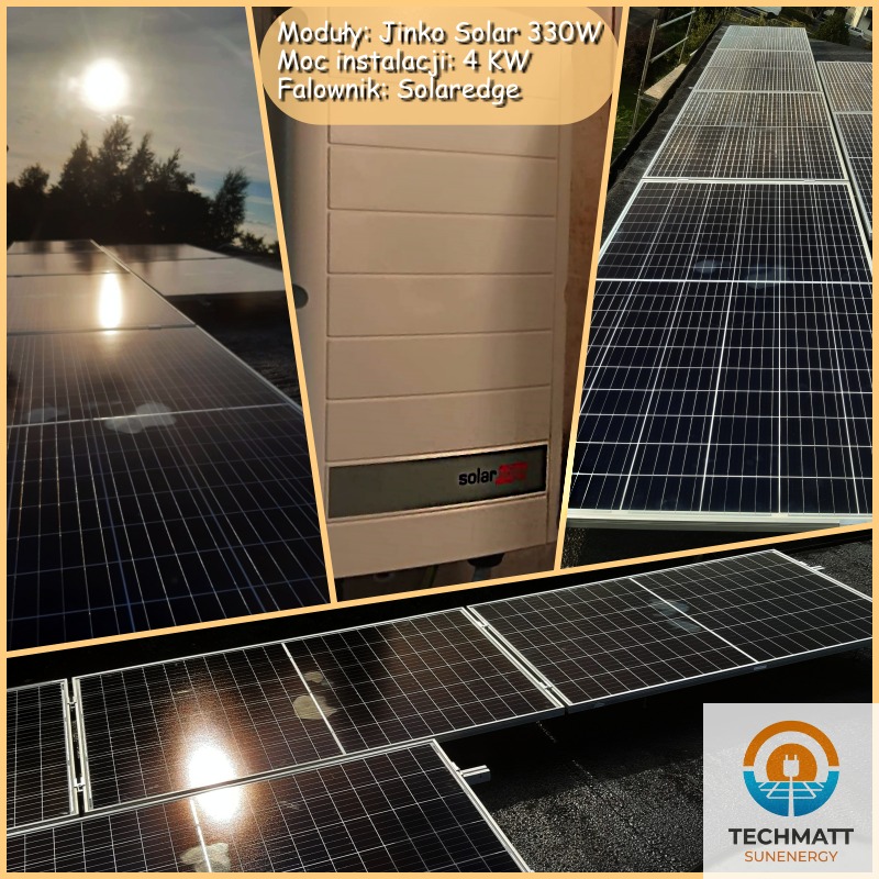 Panel słoneczny Jinko Solar 330W na dachu w słoneczny dzień, z falownikiem Solaredge, instalacja o mocy 4KW.