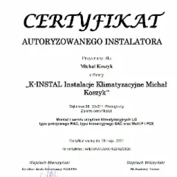 Skan certyfikatu autoryzowanego instalatora klimatyzacji firmy K-INSTAL Instalacje Klimatyzacyjne Michał Koszyk, wydany przez WIENKRA i LG, potwierdzający uprawnienia do montażu i serwisu urządzeń...