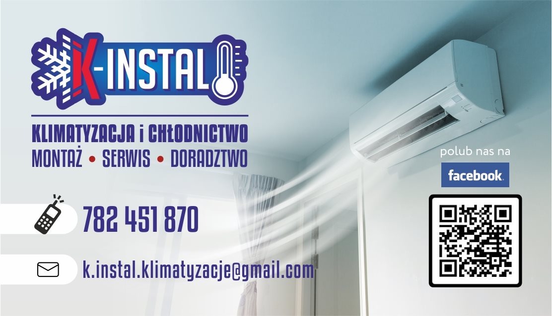 Reklama firmy K-Instal z zamontowanym klimatyzatorem, numerem telefonu, adresem e-mail oraz kodem QR i logo Facebooka.
