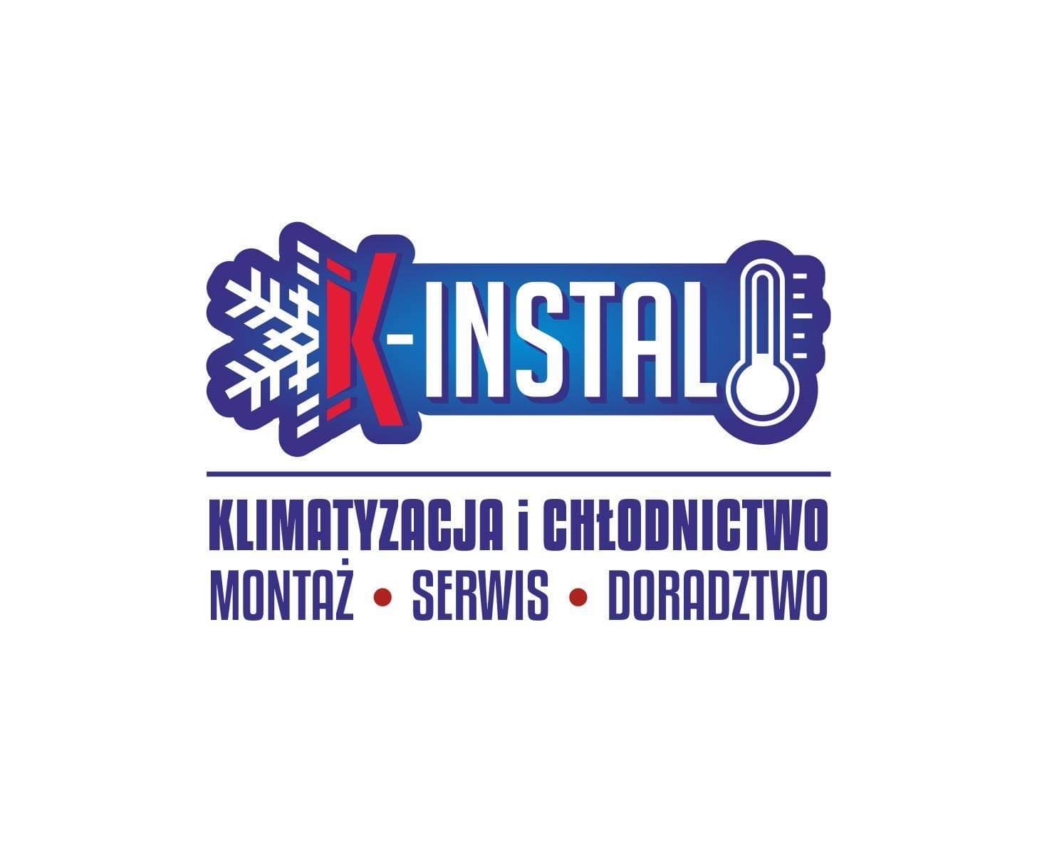 Logo firmy K-INSTAL zajmującej się klimatyzacją i chłodnictwem, montażem, serwisem i doradztwem. Logo zawiera stylizowany płatek śniegu i termometr.