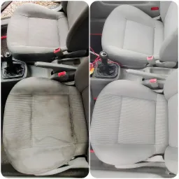 Porównanie fotela samochodowego przed i po czyszczeniu, ukazujące znaczną różnicę w wyglądzie tapicerki.