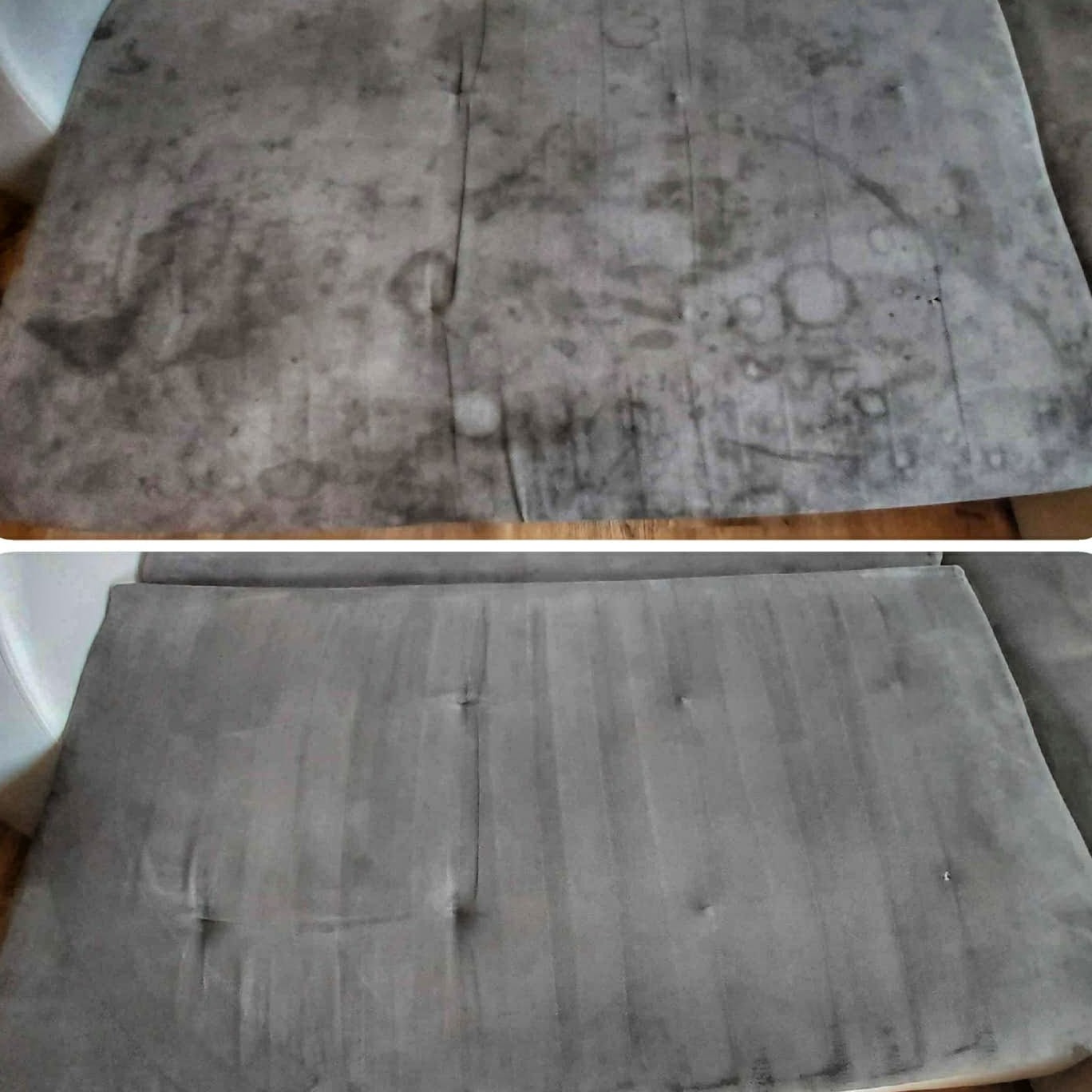 Dwa ujęcia tej samej szarej kanapy przed i po praniu, widoczne wyraźne różnice w czystości i usunięciu plam.