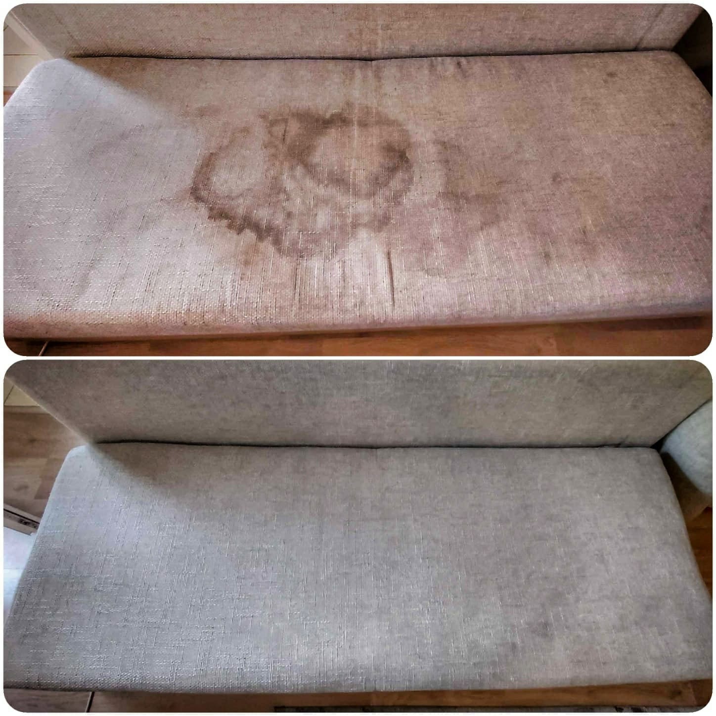 Porównanie: Widok z góry na jasną kanapę przed i po usunięciu dużej, okrągłej plamy. Górne ujęcie pokazuje wyraźne zabrudzenie, dolne – czystą powierzchnię.