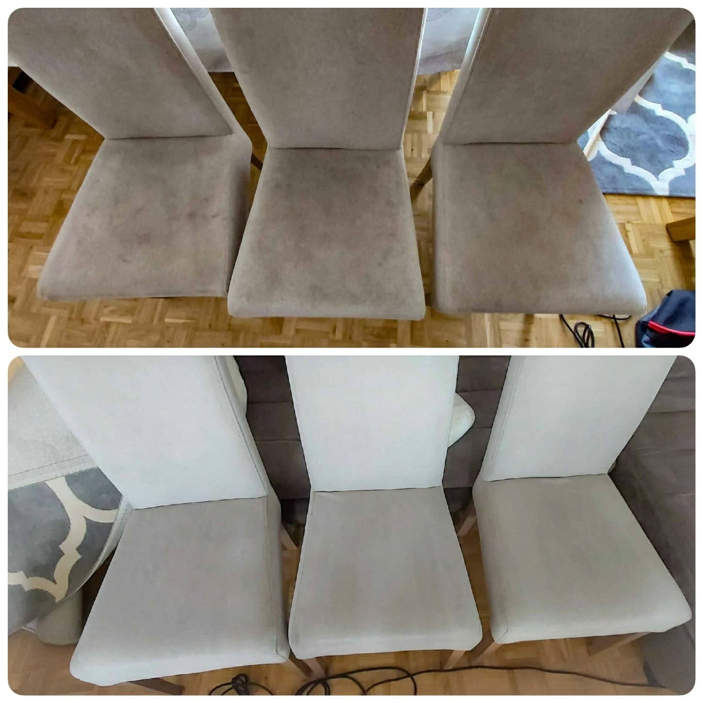 Porównanie stanu krzeseł tapicerowanych przed i po czyszczeniu: widoczne plamy i zabrudzenia na górnym zdjęciu, odświeżona tapicerka na dolnym ujęciu.